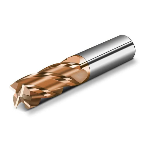 Carbide end mill with copper-colored helical flutes and a shiny silver shank.