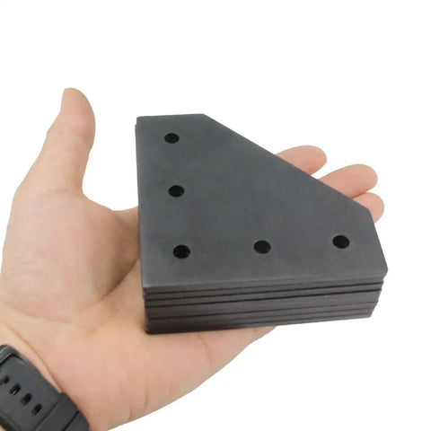 Hand holding Beefy 90 Degree L Shape Corner Bracket Plate Set For 3030 Aluminum Extrusion Profiles With 5 Holes in black finish