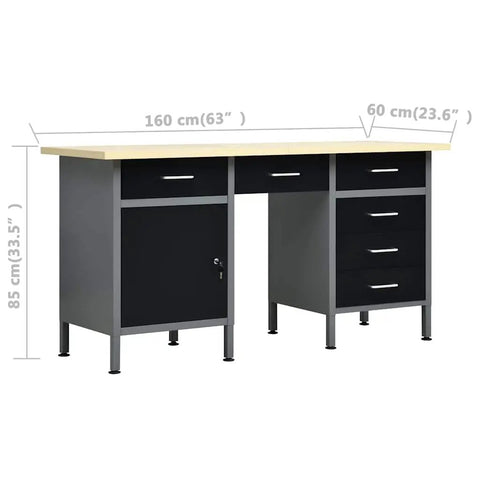 Heavy Hitter 63 Inch Garage Workstation featuring six ball bearing drawers and two rugged locking cabinets with dimensions.