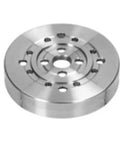 Built Tough Stainless Steel Wood Turning Lathe Chuck Featuring Killer Grip And Sweet Precision Clamping Jaws For Stress Free Woodworking And Quick Machine Tool Swaps Silver top view showing precision design and machined finish.