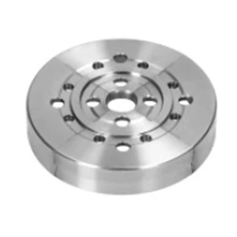 Built Tough Stainless Steel Wood Turning Lathe Chuck Featuring Killer Grip And Sweet Precision Clamping Jaws For Stress Free Woodworking And Quick Machine Tool Swaps Silver top view showing precision design and machined finish.