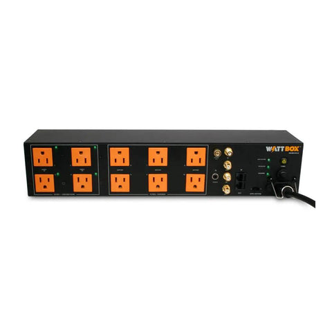 Top Shelf Power Conditioner With Ten Outlet Surge Strip delivering safe voltage control, featuring ten AC sockets and coax connectors.