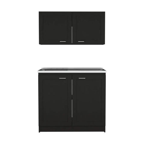 Black Two Piece Cabinet Set With Integrated Countertop versatile storage solution for bathrooms and kitchens, 30.8x39.3x20.4 inches.