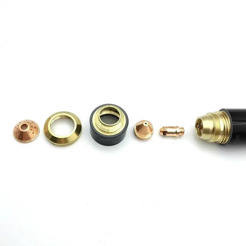 Components of CNC Plasma Cutting Torch Straight Head For YK100-H With Internal M10x1mm Threads displayed on a white background