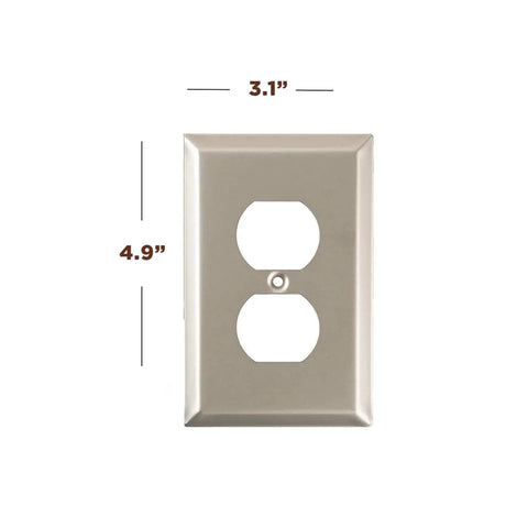 Brushed Nickel Wall Plate Set 4 Pack 1 Gang Duplex Decorator Outlet Covers And Switch Plates shown with dimensions