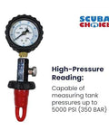 Front view of Scuba Choice DIN tank pressure checker with red handle, black gauge housing and brass connector.