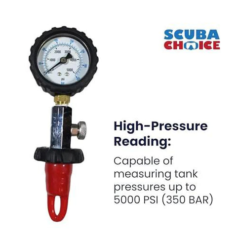 Front view of Scuba Choice DIN tank pressure checker with red handle, black gauge housing and brass connector.