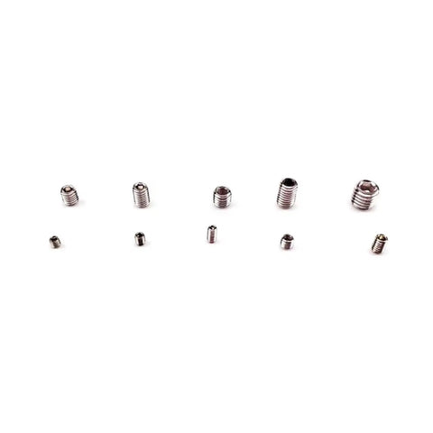 Various sizes of stainless steel hex socket headless grub screws from Durable RC Car Spare Parts Kit With 200 Pieces Of Hex Socket Headless Grub Screws M3 M4 M5 M6 M8 Stainless Steel Flat Point Tapered End Box Set For Easy Install And Reliable Performance.