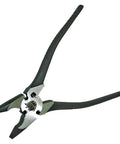 FP2 10 Inch Fencing Pliers With High Leverage Hardened Steel Construction Textured Handles For Superior Grip Compact Rounded Nose And Three Serrated Jaw Areas For Quick Heavy Fence Wire Work For Pros And DIYers in open position with textured handles visible.