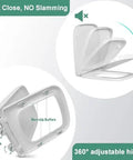 Solid As A Rock Square Toilet Seat Featuring Ultra Smooth Soft Close Lid And Super Quick Release Hinges Heavy Duty Thickened Plastic Construction Zero Hassle Install showing 360° adjustable hinge and non-slip buffers.