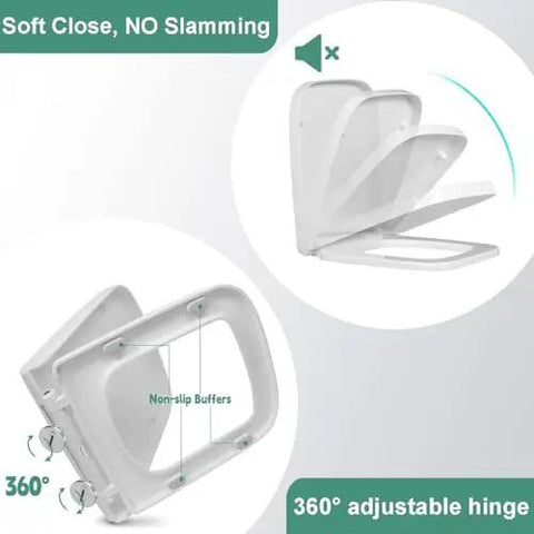 Solid As A Rock Square Toilet Seat Featuring Ultra Smooth Soft Close Lid And Super Quick Release Hinges Heavy Duty Thickened Plastic Construction Zero Hassle Install showing 360° adjustable hinge and non-slip buffers.