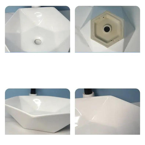 USZWBY Vessel Sinks Hexagonal Art Basin Sink Ceramic Wash Table Hotel Bathroom Single Bathroom Bowl Sink top view and side angles.