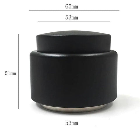 Real Deal Espresso Coffee Distributor With Quick Rebound Action And Durable Stainless Steel Build, black and silver design, 65mm height.