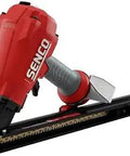 High Power Framing Nailer With Double Length Magazine To Speed Up Production Through Engineered Lumber And Pre Punched Metal Nosepiece Design With Tool Free Depth Of Drive And Dry Fire Lockout in close-up view showing side profile