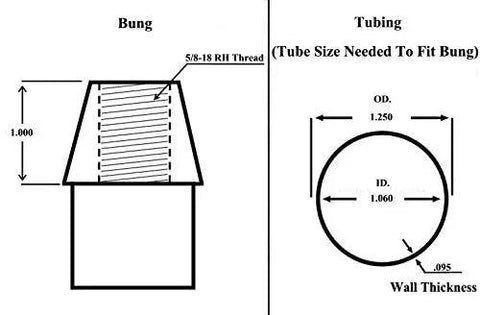 Diagram showing dimensions of bung and tubing with 5/8-18 RH thread size for Premium Heat Treated Steel Four Link Suspension Rod End Kit.
