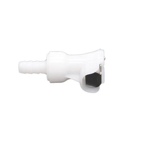 Side view of Plastic Quick Disconnect Fitting With Shut Off For Gas And Liquid Lines Beer Line Tubing Quick Disconnect With Check Valve Food Grade Five Sixteenths Inch Barb Easy Swap Leak Free When Disconnected