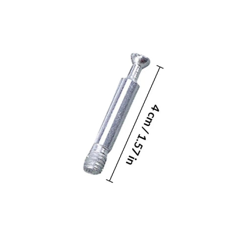 Cam Bolts, Nuts And Furniture Connecting Dowels Set for cabinet and furniture DIY build, silver bolt close-up, 4 cm size