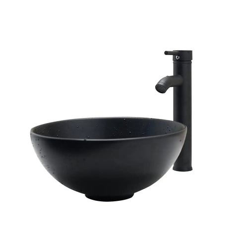 Dope Matte Black Vessel Sink Set With Faucet And Pop Up Drain, 12.8 Inch Round Ceramic Above-Counter Bathroom Sink