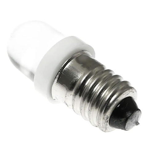 10 Pack 6V E10 Mini Led Bulbs Featuring E10 Wedge Base For No Sweat Plug And Play Install Killer For Diy Circuit Testing Home Electrical Rigs And Sweet Vintage Fixture Upgrades In Crisp White close-up of a 6V E10 mini LED bulb with a white base.