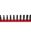 Heavy Duty 10 Piece Deep Socket Set Quarter Inch Drive SAE Forged Steel Extreme Impact Durability Mechanic Toolkit Built Tough showing various socket sizes on a rack.