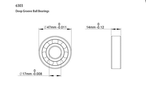 Diagram of 10 Pcs Deep Groove Ball Bearings 6303 2RS 17x47x14Mm with dimensions, showing round and side view, double shielded chrome steel.