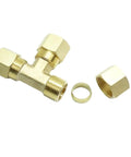 Front view: brass compression T-fitting with three 1/2-inch tube-OD ports; includes nuts and ferrule