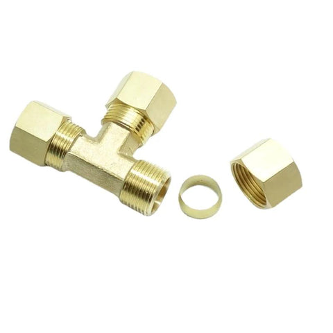 Front view: brass compression T-fitting with three 1/2-inch tube-OD ports; includes nuts and ferrule