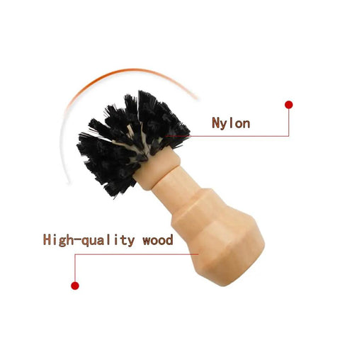 Espresso Portafilter Cleaning Brush With Wood Handle And Stiff Nylon Bristles 360 Degree Flexible Scrub Tool close-up view