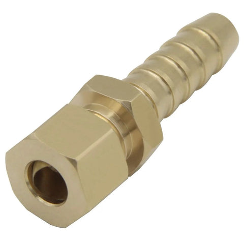 Brass compression fitting 5/16 in tube OD to 5/16 in hose barb with hex nut body.