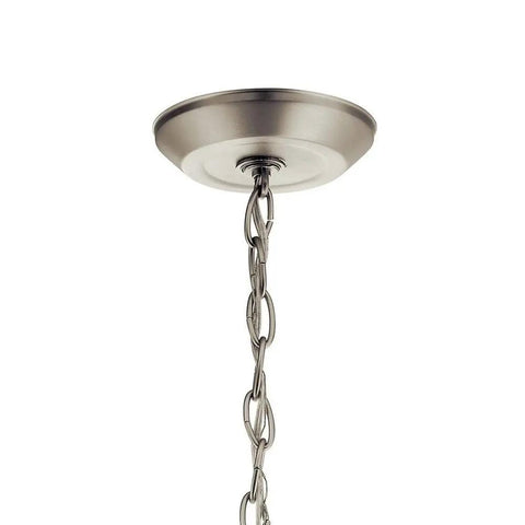 Swanky 15 Inch One Light Pendant In Satin Etched Glass With Brushed Nickel Finish close-up of chain and ceiling mount