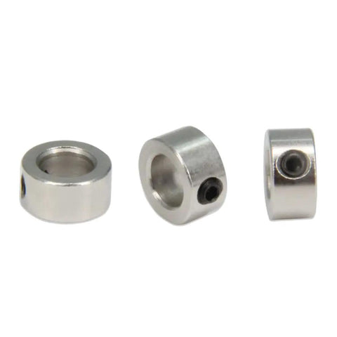 Three carbon steel shaft collar lock rings, nickel plated, with M3 screws, part of Six Millimeter Shaft Collar Lock Ring Kit For 3D Printer Projects.