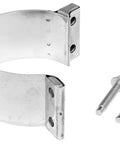 Heavy Duty Universal Exhaust Clamp For Secure Muffler Pipe Connection with bolts, stainless steel, used for sealing muffler pipes.