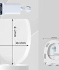 Slick Soft Close Heated Toilet Seat Featuring A Bright Digital Display And Precise Temperature Control For Ultimate Bath Chill and Frugal Energy Savings All Day Long with measurements shown.
