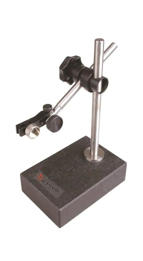 Universal Precision Granite Inspection Stand With 260 By 140 mm Base, 10.24 By 5.51 In, Post Diameter 0.55 In And 7.87 In Tall, 6.5 In Reach, DIN876 Compliant, A Solid Pick For Pinpoint Layout And In Process Shop Inspections on a white background.