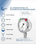Front view of Carbo Instruments 2-1/2 in stainless steel glycerin-filled pressure gauge, 0–60 psi, lower mount 1/4 in NPT