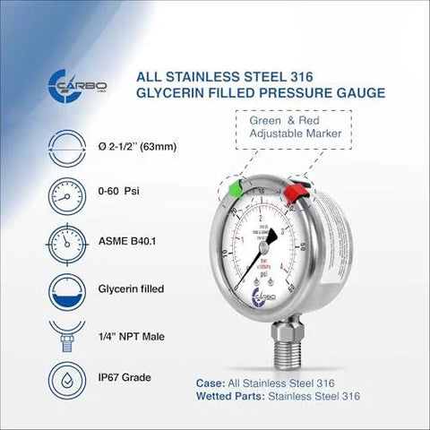 Front view of Carbo Instruments 2-1/2 in stainless steel glycerin-filled pressure gauge, 0–60 psi, lower mount 1/4 in NPT