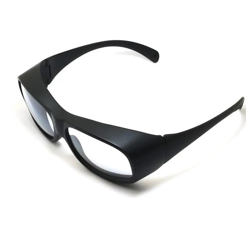 Rock Solid Co2 Laser Safety Glasses Featuring Clear Glass Optics And OD6 Plus Rating Built For 9000 To 11000Nm Wavelengths side view, black frame design.