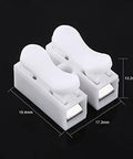Close-up of Heavy Duty 100 Piece Two Pin Push Wire Terminal Block Kit 10A 220V White Spring Clamp with dimensions shown.