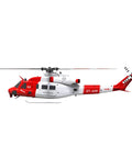 Side view of Goosky E2 UH-1Y RC Helicopter With GPS Auto Stabilization 1/35 scale in red and white for collectors and flight enthusiasts.