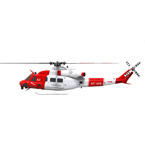 Side view of Goosky E2 UH-1Y RC Helicopter With GPS Auto Stabilization 1/35 scale in red and white for collectors and flight enthusiasts.