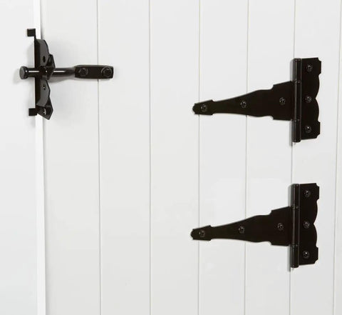 Deluxe Decorative T-Hinge Gate Kit Built Tough In Black Steel Finish With Latch Strike Pull on white gate for outdoor use