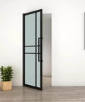 36 In By 84 In Full Lite Opaque Frosted Glass Interior Pivot Door With Black Steel Frame And Pivot Hinge Hardware Kit open in room
