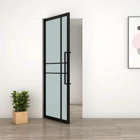 36 In By 84 In Full Lite Opaque Frosted Glass Interior Pivot Door With Black Steel Frame And Pivot Hinge Hardware Kit open in room