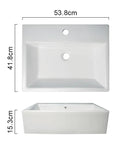 Top and side view of USZWBY Vessel Sinks Bathroom Vessel Sink Simple Ceramic Above-Ground Basin dimensions 53.8x41.8x15.3cm.