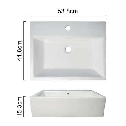 Top and side view of USZWBY Vessel Sinks Bathroom Vessel Sink Simple Ceramic Above-Ground Basin dimensions 53.8x41.8x15.3cm.