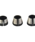 Three Piece Collet Chuck Set 6mm 6.35mm 8mm For Engraving Trimming Machines, Electric Routers And Milling Cutters, shown aligned side by side.