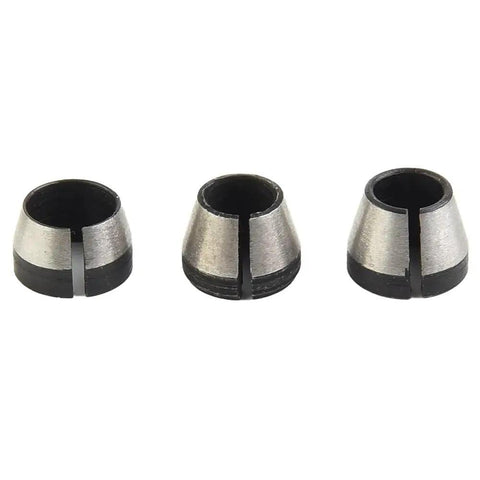 Three Piece Collet Chuck Set 6mm 6.35mm 8mm For Engraving Trimming Machines, Electric Routers And Milling Cutters, shown aligned side by side.
