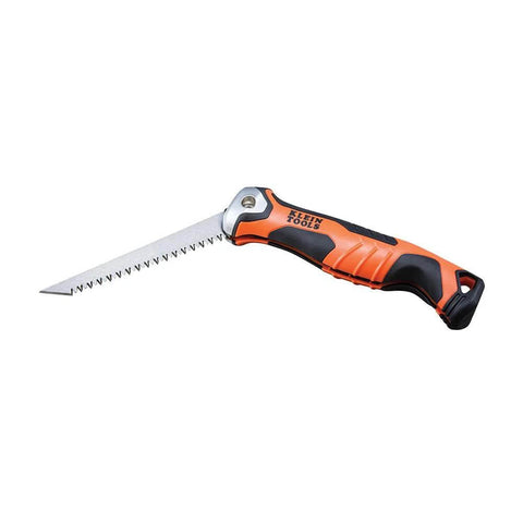 Klein Tools 31737 folding jab saw with lockback, blade extended, orange/black handle, drywall hand saw