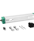Heavy Duty Linear Displacement Sensor For Injection Molding Electronic Ruler Pull Rod IP67 Stainless Steel Build Great For Precise Positioning In Machines With Plug In Design And Low Noise Output shown with accessories.