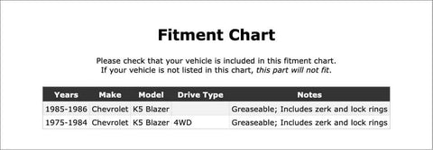 Must Have Universal Joint For Chevy K5 Blazer 1975 To 1986 Front Or Rear Driveshaft Fitment Top Notch OE Replaceable Quality Parts That Fix Your Ride Like A New Deal And Keep You Rolling Smooth As Silk. fitment chart for Chevrolet K5 Blazer 1975-1986